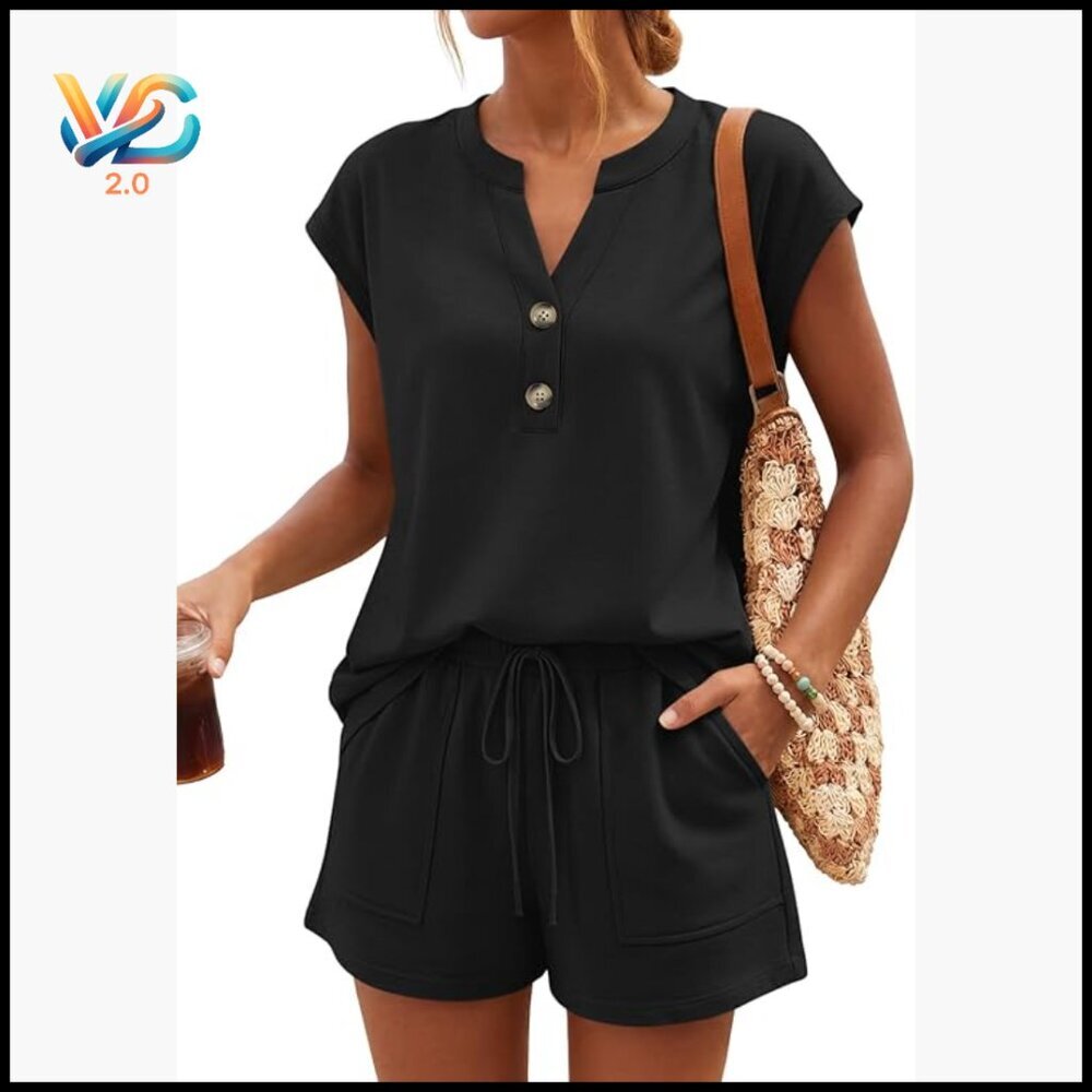 Women's Henley Short Set, Medium, Polyester Rayon Spandex, Lounge Travel Outfit